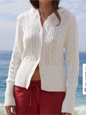 Brandy Melville Ivory Cable-Knit Hooded Button Cardigan
